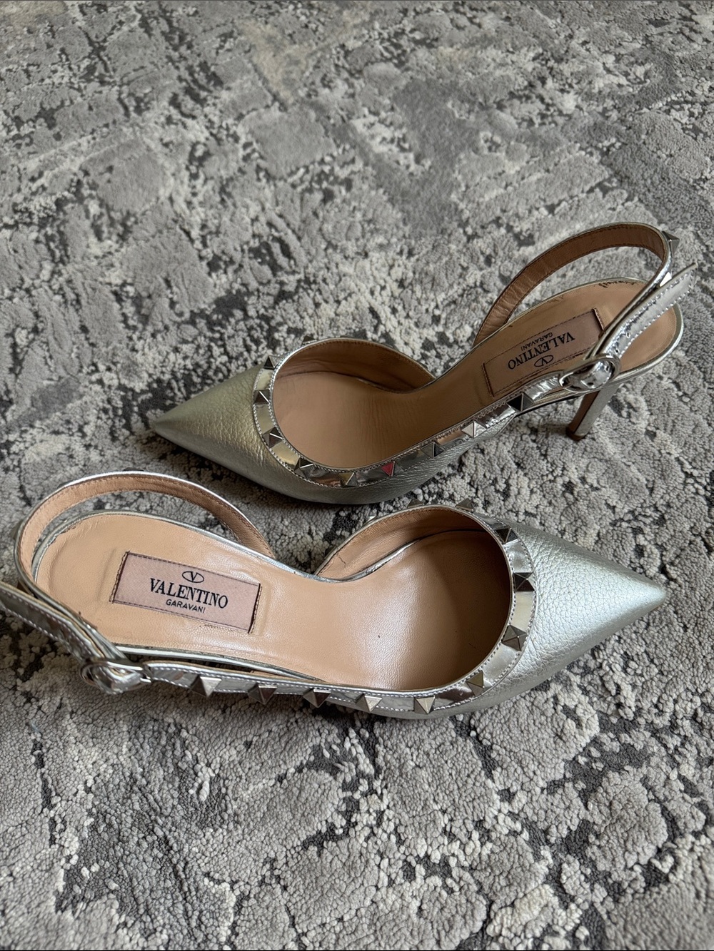 Valentino Metallic Silver Pointed Slingback Pumps with Pyramid Studs